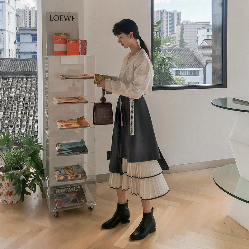 原创设计百褶拼接不规则长半身裙