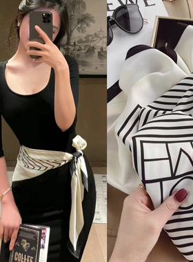 腰间丝巾90x90方巾女2024新款春款韩版黑白条纹领巾发饰扎头丝巾