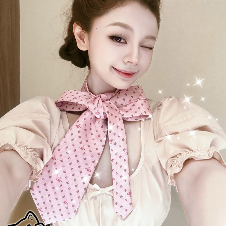 领带女款配饰粉色波点刺绣丝巾系脖领巾围巾飘带装饰古着配饰饰品图片