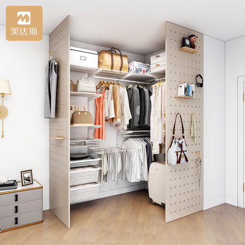 美达斯定制金属衣柜洞洞板侧墙置物架隔断实木折叠门吊轨移门衣柜