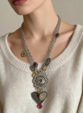 复古潮流合金夸张古银色花朵独特爱心吊坠双层叠戴项链
