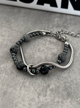 黑胆石缠绕串珠手链男女轻奢小众感情侣款手饰雪花石饰品