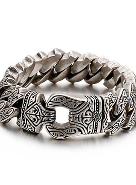 欧美潮男款朋克摇滚嘻哈宽厚霸气复古花纹手链