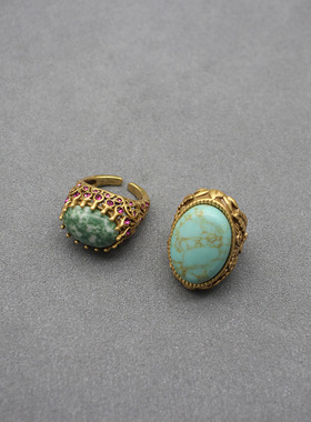 开口可调节天然石仿松石指环重工雕刻复古戒指