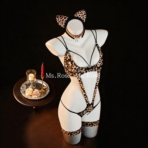 Ms Rose性感豹纹小胸镂空三点情感内衣套装女刺激连体衣qq衣物