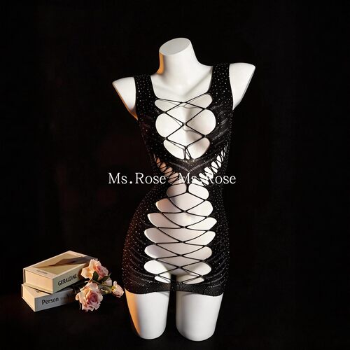 Ms Rose可手撕爆闪烫钻镂空辣妹包臀裙qq内衣趣味小胸修身睡裙女