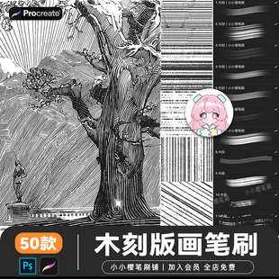 procreate笔刷排线木刻版画复古雕刻纹斜纹阴影线条刻痕笔刷素材