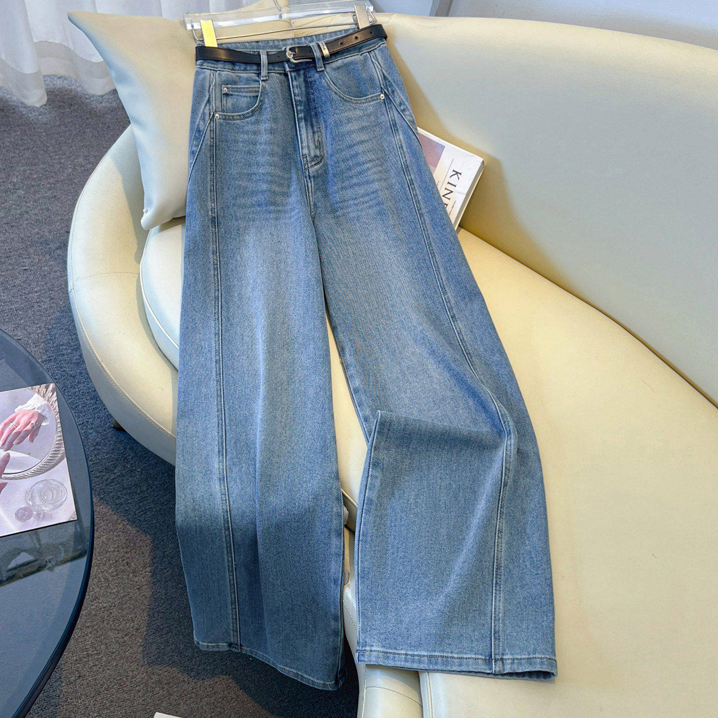拉夏贝尔气质蓝色显瘦直筒牛仔裤女春秋2026新款宽松阔腿拖地裤子,女装/女士精品,牛仔裤,淘宝优惠券,粉丝福利购,淘宝优惠卷