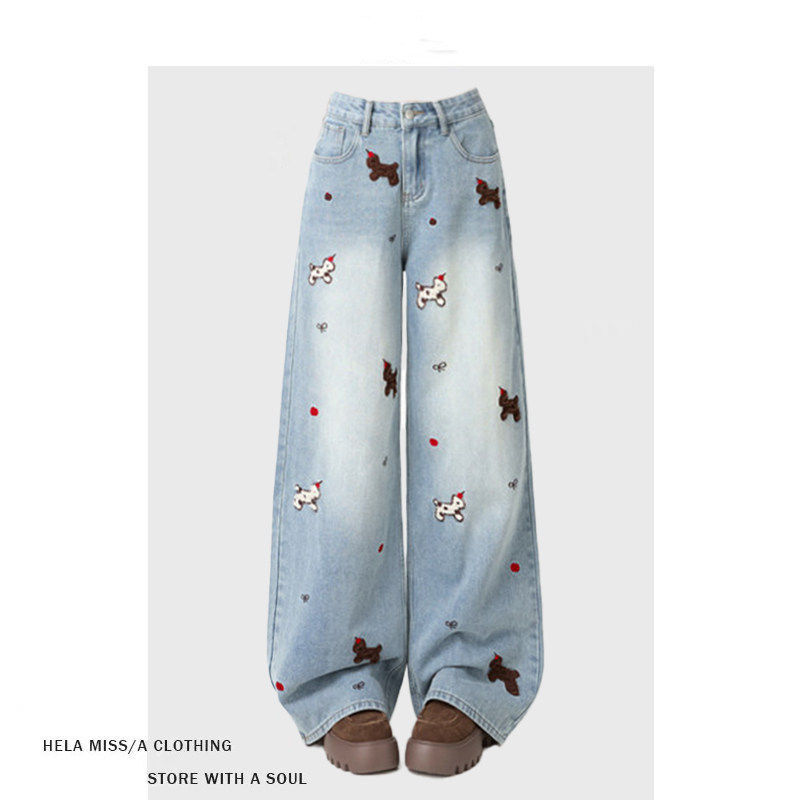 拉夏贝尔美式复古小狗刺绣复古阔腿牛仔裤女2026春季爆款辣妹裤子,女装/女士精品,大码裤装,淘宝优惠券,粉丝福利购,淘宝优惠卷