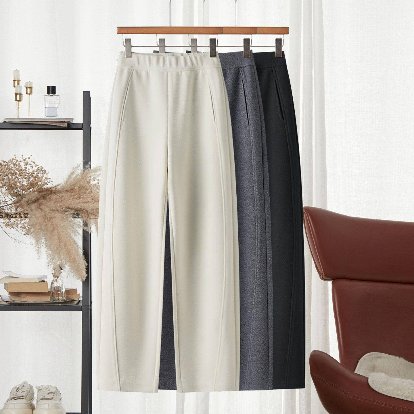 拉夏贝尔窄版弯刀裤女冬季加绒裤子2025新款阔腿裤长裤休闲羊毛裤,女装/女士精品,大码裤装,淘宝优惠券,粉丝福利购,淘宝优惠卷