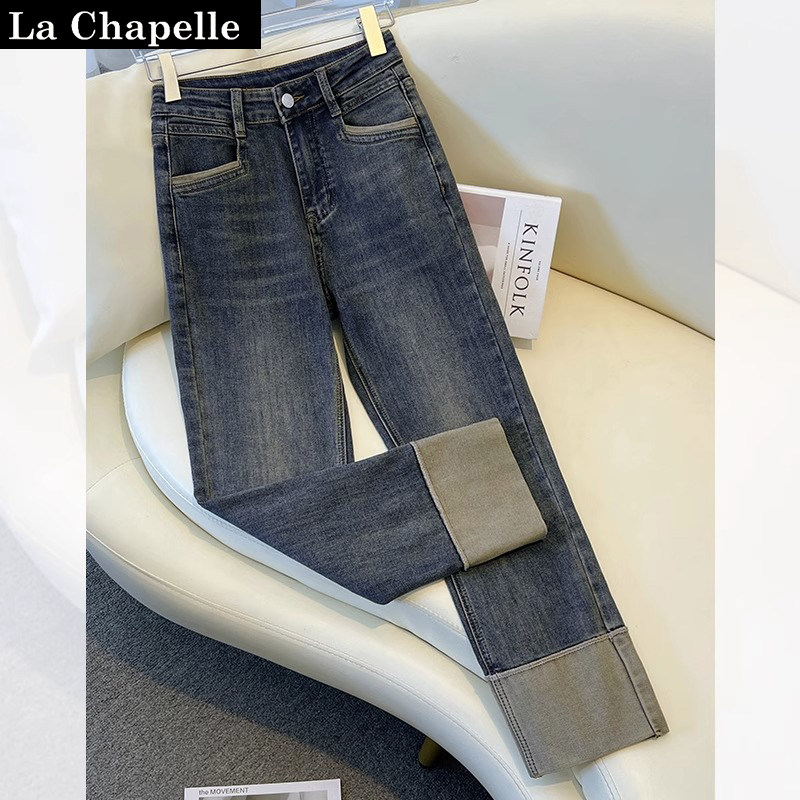 拉夏贝尔复古翻边直筒牛仔裤女