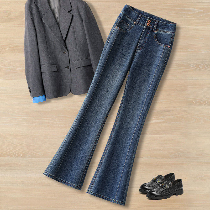 拉夏贝尔高腰蓝色牛仔微喇裤女春季2026新款修身显瘦垂感喇叭裤子,女装/女士精品,大码裤装,淘宝优惠券,粉丝福利购,淘宝优惠卷