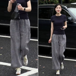 拉夏贝尔胖mm显瘦阔腿休闲裤女夏季薄款2026新款小个子格纹九分裤