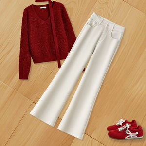 拉夏贝尔卡其色喇叭裤女高腰显瘦牛仔裤女士2026款春季休闲喇叭裤