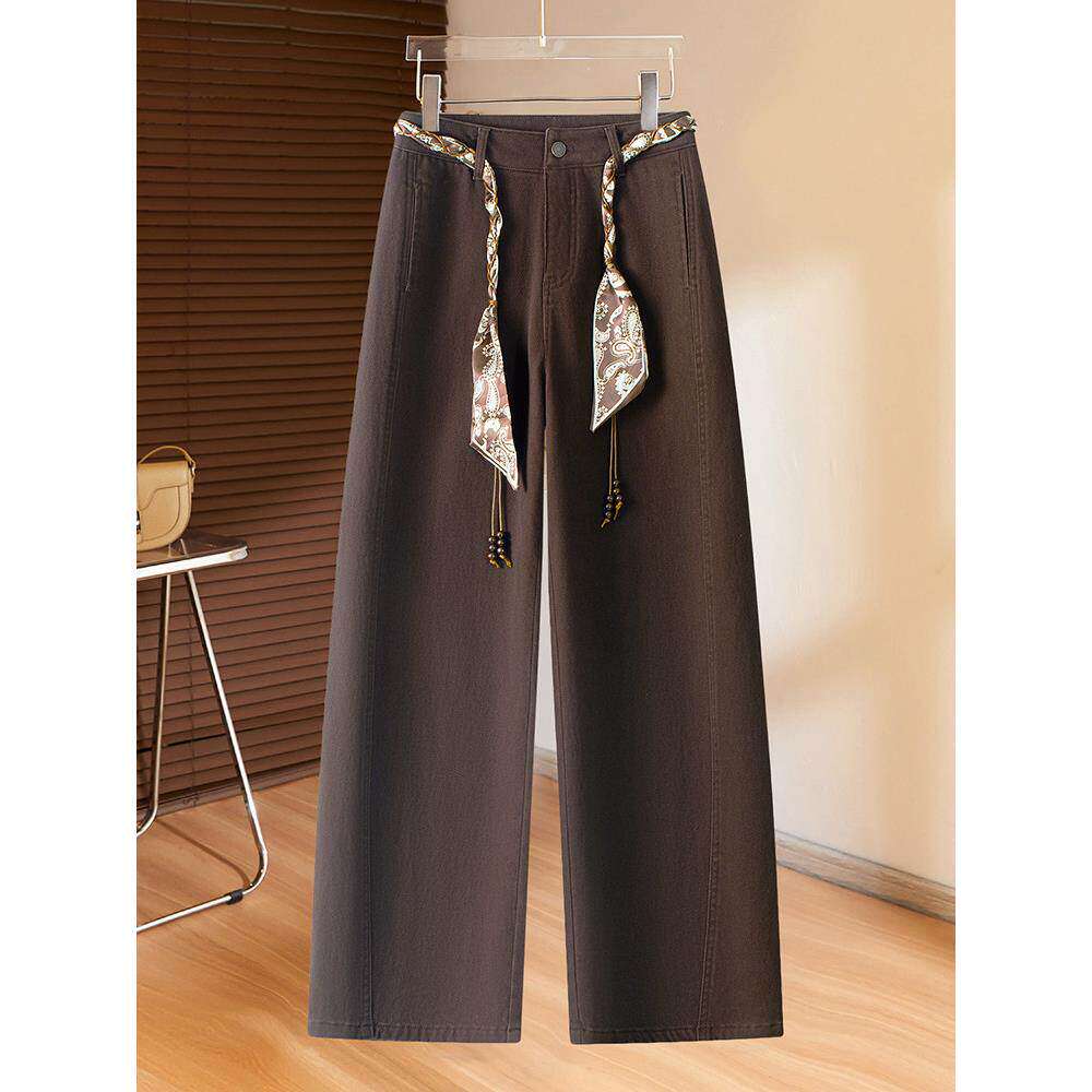 拉夏贝尔橙色天丝棉高腰软牛仔裤女2026春秋新款丝巾腰带直筒长裤