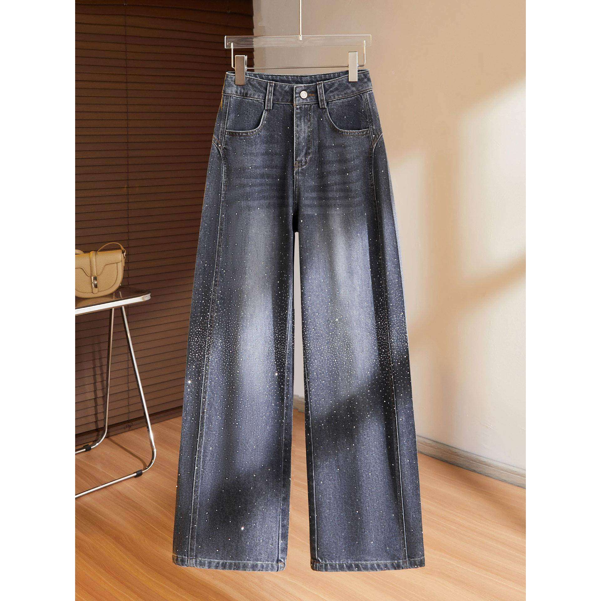 拉夏贝尔高级灰烫钻弯刀牛仔裤女春秋季2026新款宽松直筒阔腿裤子,女装/女士精品,牛仔裤,淘宝优惠券,粉丝福利购,淘宝优惠卷