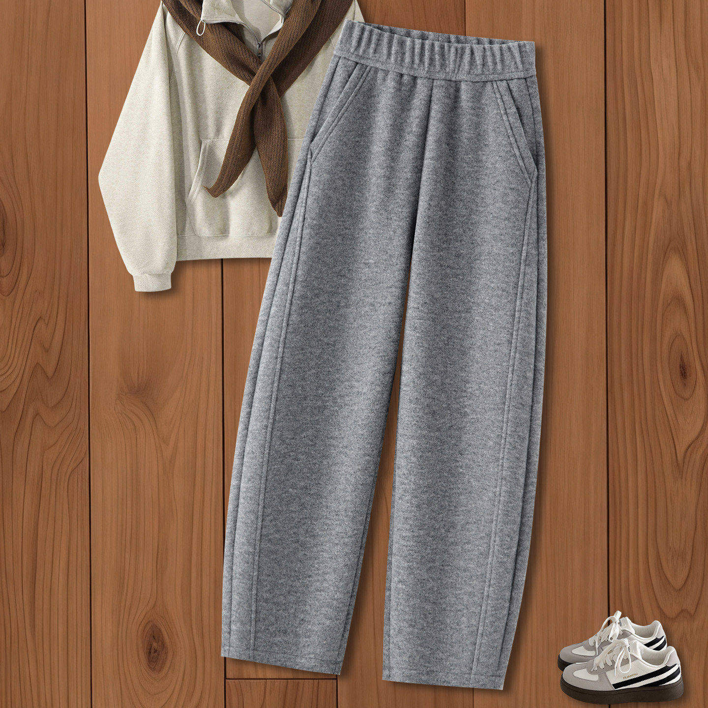 拉夏贝尔浅灰色加绒休闲弯刀裤女秋冬2025新款高腰加厚羊毛直筒裤,女装/女士精品,卫裤,淘宝优惠券,粉丝福利购,淘宝优惠卷