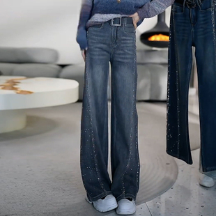 拉夏贝尔烫钻直筒牛仔裤女冬季2026新款高腰阔腿裤加绒加厚长裤子