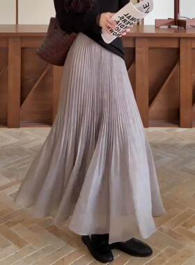 拉夏贝尔网纱半身裙女士2026新款春夏季高腰中长款紫色百褶纱裙子