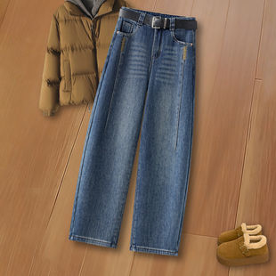 拉夏贝尔复古蓝阔腿弯刀牛仔裤女春季2026新款高腰显瘦休闲香蕉裤