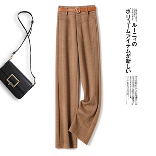 拉夏贝尔驼色加绒阔腿裤女2025秋冬季新款直筒醋酸羊毛呢休闲裤子