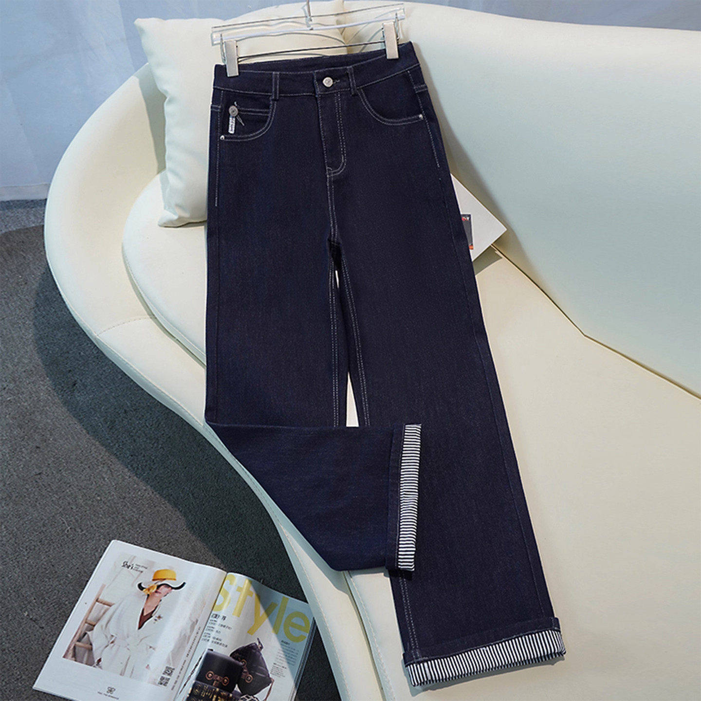 拉夏贝尔丹宁蓝阔腿牛仔裤女春秋季2026年超火裤子条纹翻边直筒裤,女装/女士精品,大码裤装,淘宝优惠券,粉丝福利购,淘宝优惠卷