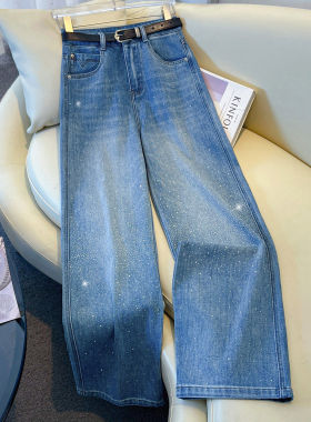 拉夏贝尔浅蓝色亮闪闪阔腿牛仔裤女春季2026新款爆闪烫钻直筒裤子