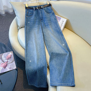 爆闪烫钻直筒裤 2026新款 子 女春季 拉夏贝尔浅蓝色亮闪闪阔腿牛仔裤