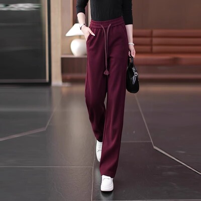 拉夏贝尔安可拉红直筒裤女秋冬季2026新款运动卫裤加绒加厚阔腿裤