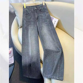 拉夏贝尔轻奢灰色烫钻直筒牛仔裤 满天星爆闪阔腿裤 女春季 2026新款