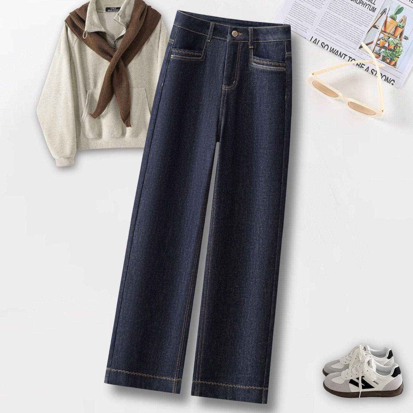 拉夏贝尔窄版丹宁蓝直筒牛仔裤女2026早春爆款宽松显瘦加绒阔腿裤,女装/女士精品,大码裤装,淘宝优惠券,粉丝福利购,淘宝优惠卷