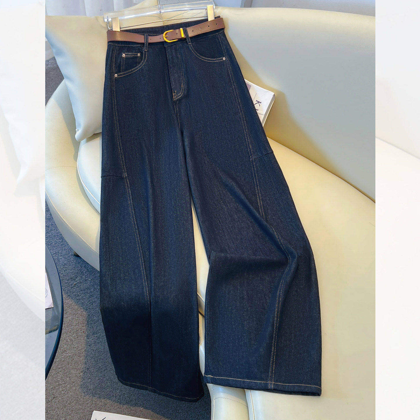 拉夏贝尔今年流行的蓝色阔腿牛仔裤女春秋2026新款爆款弯刀直筒裤,女装/女士精品,牛仔裤,淘宝优惠券,粉丝福利购,淘宝优惠卷