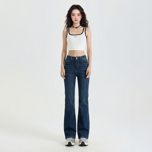 艾格深蓝色牛仔微喇裤女2026春季新款拖地高腰弹力显瘦休闲马蹄裤