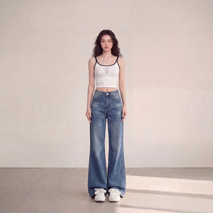 百搭喇叭裤 女浅蓝色宽松显瘦拖地长裤 复古阔腿微喇牛仔裤 艾格美式