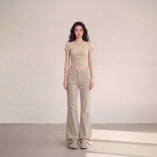 子 裤 艾格四面弹复古花生酱色牛仔裤 2026春夏宽松显瘦百搭拖地款