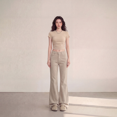 艾格四面弹复古花生酱色牛仔裤2026春夏宽松显瘦百搭拖地款裤子