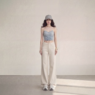 艾格极简风杏色气质直筒牛仔裤 日常 女宽松显瘦百搭垂感微喇拖地裤