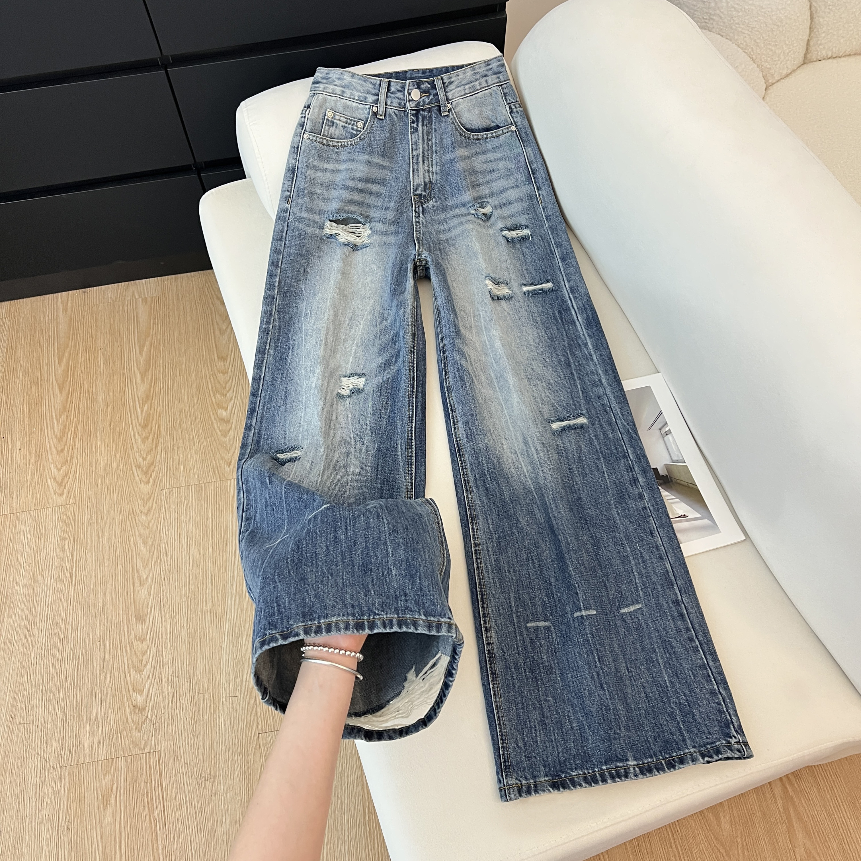 艾格复古做旧破洞阔腿牛仔裤女2026早春新款垂感百搭个性拖地裤,女装/女士精品,牛仔裤,淘宝优惠券,粉丝福利购,淘宝优惠卷