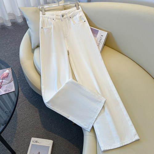 艾格白色窄版阔腿牛仔裤女2026春季垂感高腰显瘦百搭休闲直筒裤子