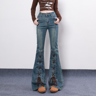 显瘦马蹄裤 女修身 辣妹风系带设计感潮微喇叭牛仔裤 艾格怀旧蓝美式