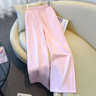 宽松显瘦拖地裤 艾格粉色减龄高腰阔腿裤 女抽绳垂感软糯直筒休闲裤