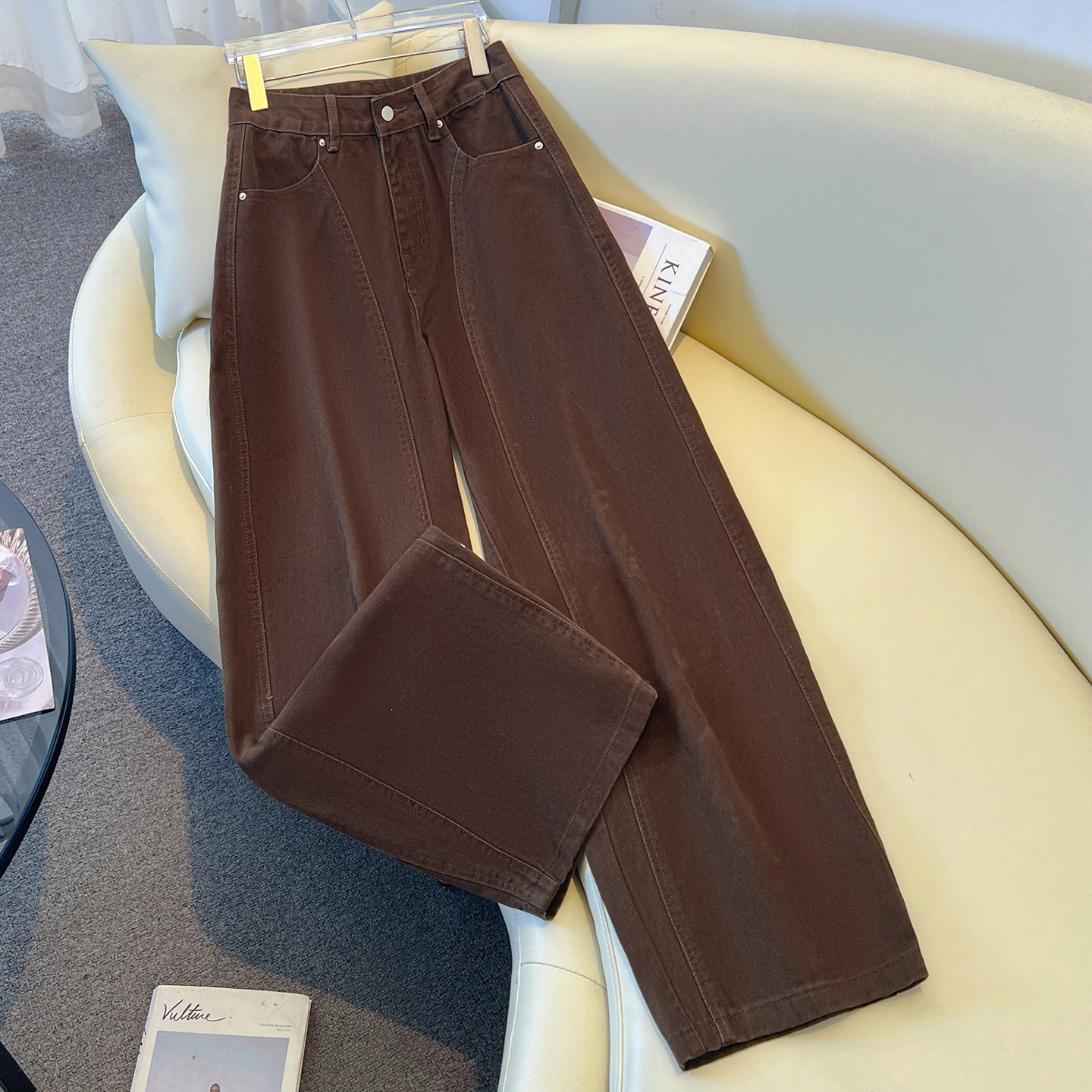 艾格2025宽松遮肉显瘦拖地直筒裤简约美式复古咖啡色阔腿弯刀裤女