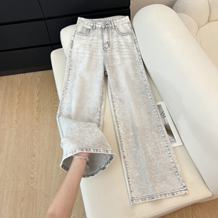 百搭复古做旧宽松垂感直筒拖地裤 艾格冰川灰牛仔阔腿裤 女2026新款
