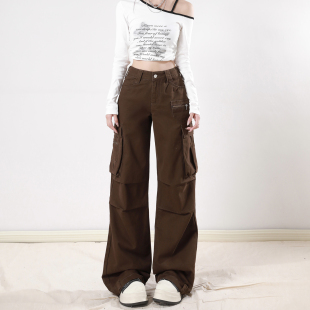 新款 牛仔裤 高腰显瘦宽松阔腿裤 多口袋咖色休闲工装 女 美式 艾格春季