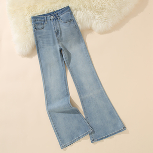 百搭喇叭裤 艾格正品 时尚 女士高腰微喇裤 子 水洗浅蓝色拖地牛仔长裤