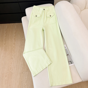 艾格嫩绿色阔腿牛仔裤 女2026立体翻盖口袋高腰宽松显瘦休闲裤