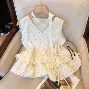 新款 艾格法式 女2025夏季 甜美波点V领无袖 荷叶边百搭上衣 背心衬衫