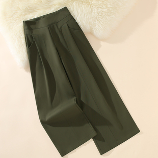 裤 艾格简约风高级感阔腿裤 极简风西装 宽松百搭长裤 女军绿色休闲裤
