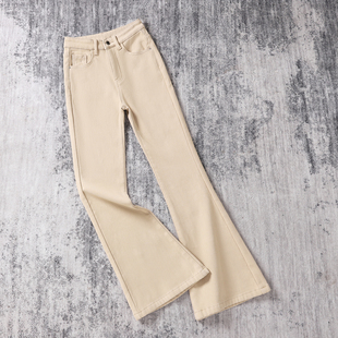 艾格杏色微喇牛仔裤女2026春季新款高腰显瘦弹力外穿百搭拖地裤子
