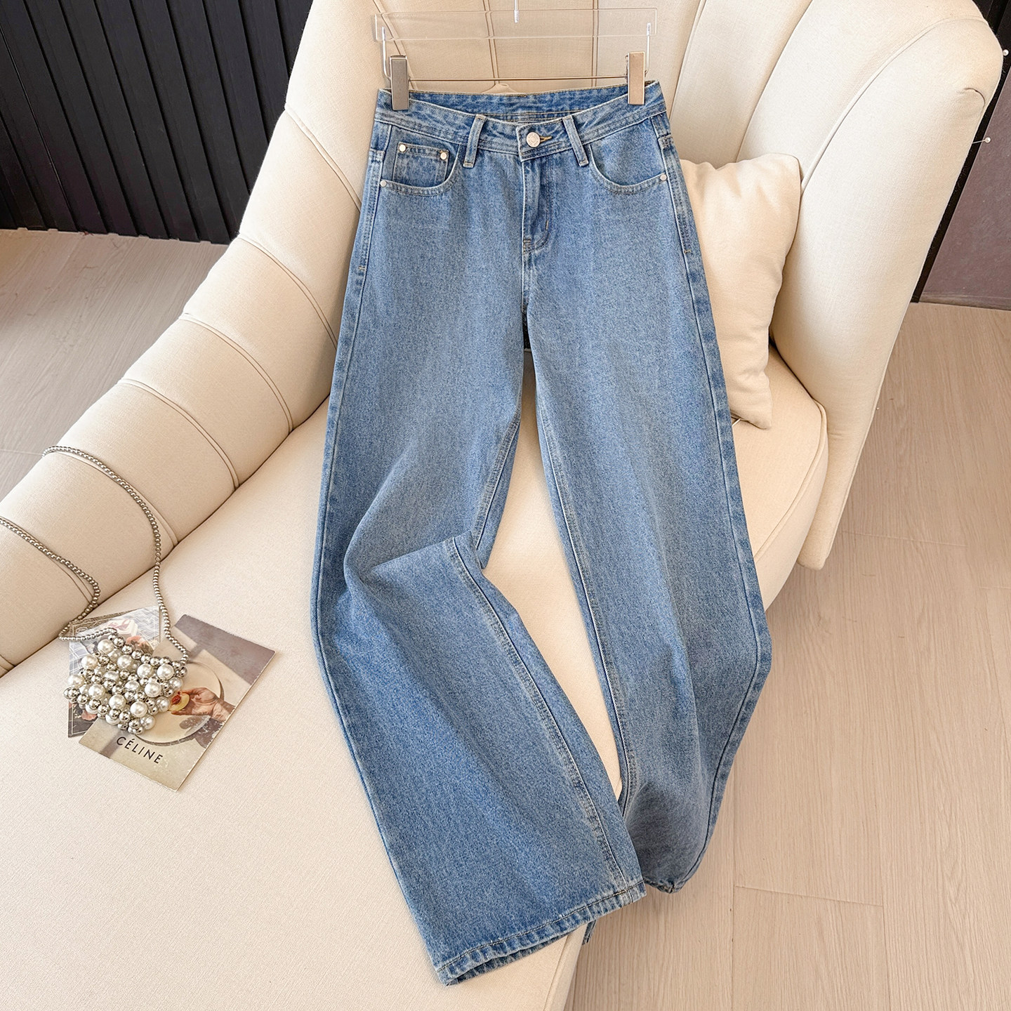 艾格正品窄版阔腿裤休闲女裤深蓝色低腰直筒牛仔裤女2025秋冬新款